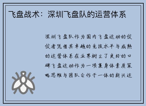 飞盘战术：深圳飞盘队的运营体系